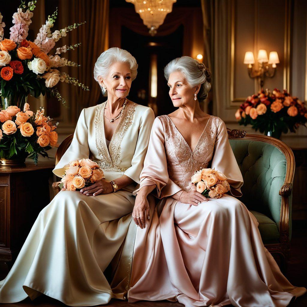 A captivating scene featuring elegant senior individuals, exuding confidence and sensuality, set against a soft, warm-lit background. Their expressions should reflect allure and wisdom, with stylish attire that emphasizes their grace. Surround them with elements that symbolize desire, such as flowing fabrics and subtle floral arrangements. The overall ambiance suggests a harmonious blend of beauty and maturity, inviting admiration. super-realistic. warm colors. soft focus.