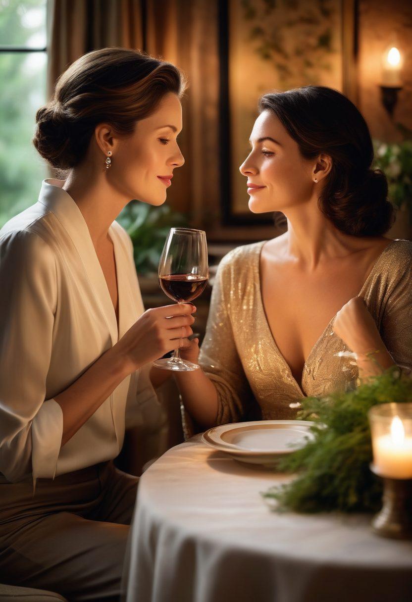 A sophisticated, intimate scene featuring a confident, mature woman with elegant style sharing a glass of wine with a younger partner in a lush, candlelit setting. The backdrop features soft, warm lighting and lush greenery, evoking a sense of allure and romance. Sensual and inviting, highlighting the connection between the two characters. super-realistic. warm tones. intimate atmosphere.