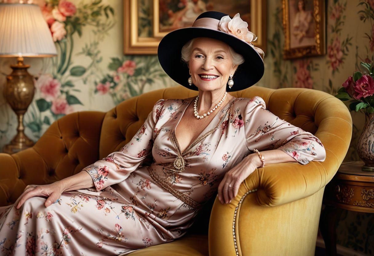 An elegant older woman exuding confidence, adorned in a glamorous vintage dress, poses gracefully on a velvet chaise lounge. Soft, diffused lighting enhances her radiant smile and showcases tasteful accessories like pearl earrings and a chic hat. The background features muted floral wallpaper and vintage photography, creating a nostalgic yet empowering atmosphere. This image captures the essence of sensuality and sophistication in a contemporary context. super-realistic. soft focus. warm tones.